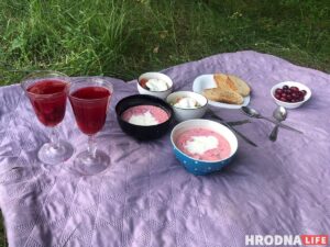 Летний пикник: холодник с колбасой, гренки и вишнёвый компот. Собираемся на природу за полчаса