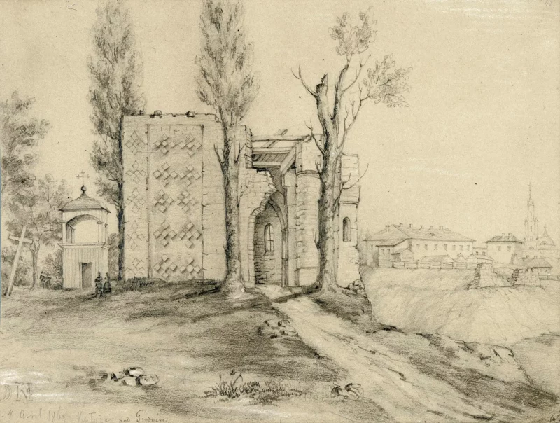 Коложская церковь и звонница на рисунке Наполеона Орды, 1869 г.