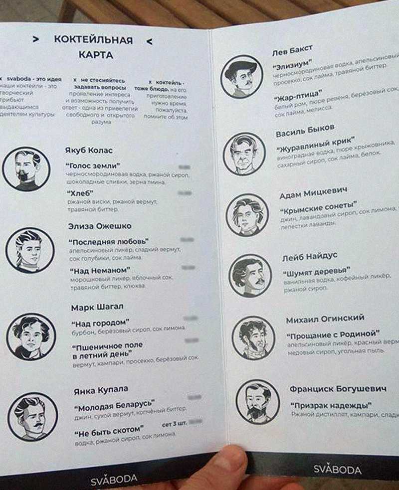 Попробуйте произведения Ожешки, Быкова и Купалы. В баре «SVABODA» сделали коктейли в честь белорусских классиков