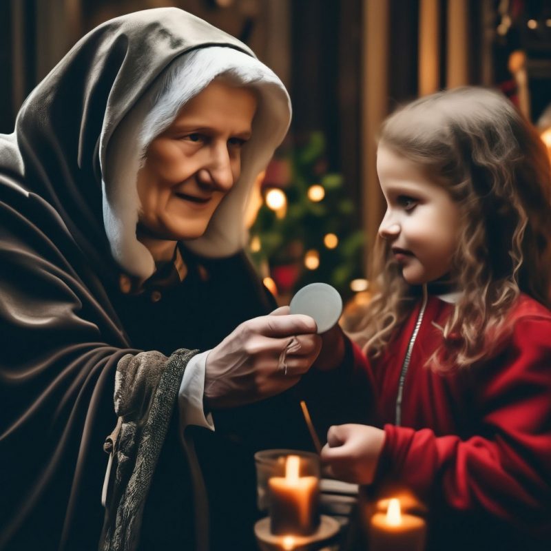 Фрау Берхта дарит послушным детям серебряные монетки на Рождество