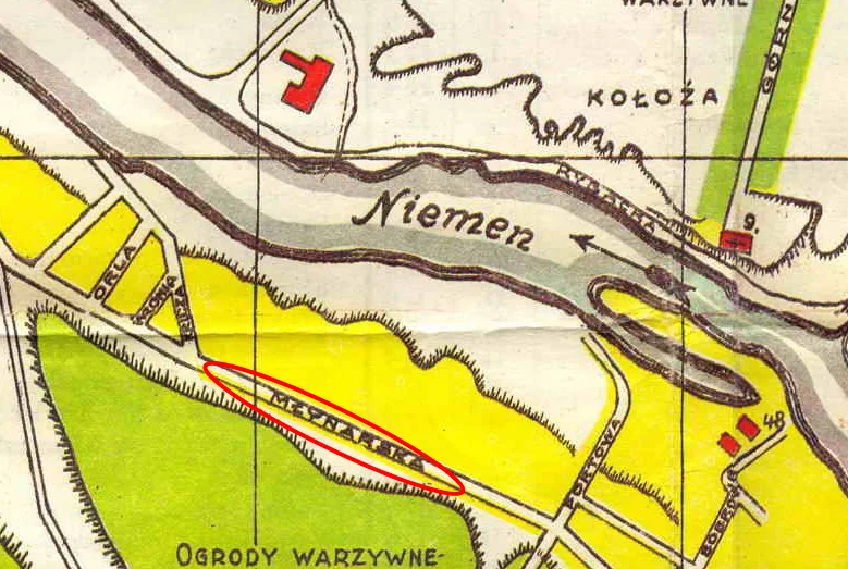Ваколіцы вуліцы Млынарскай на плане Гродна 1930-х. Вуліца пазначана чырвоным авалам