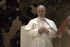 Папа Леў XIV у час аўдыенцыі для медыяў 12 траўня 2025. Фота: Edgar Beltrán, The Pillar, Wikimedia Commons