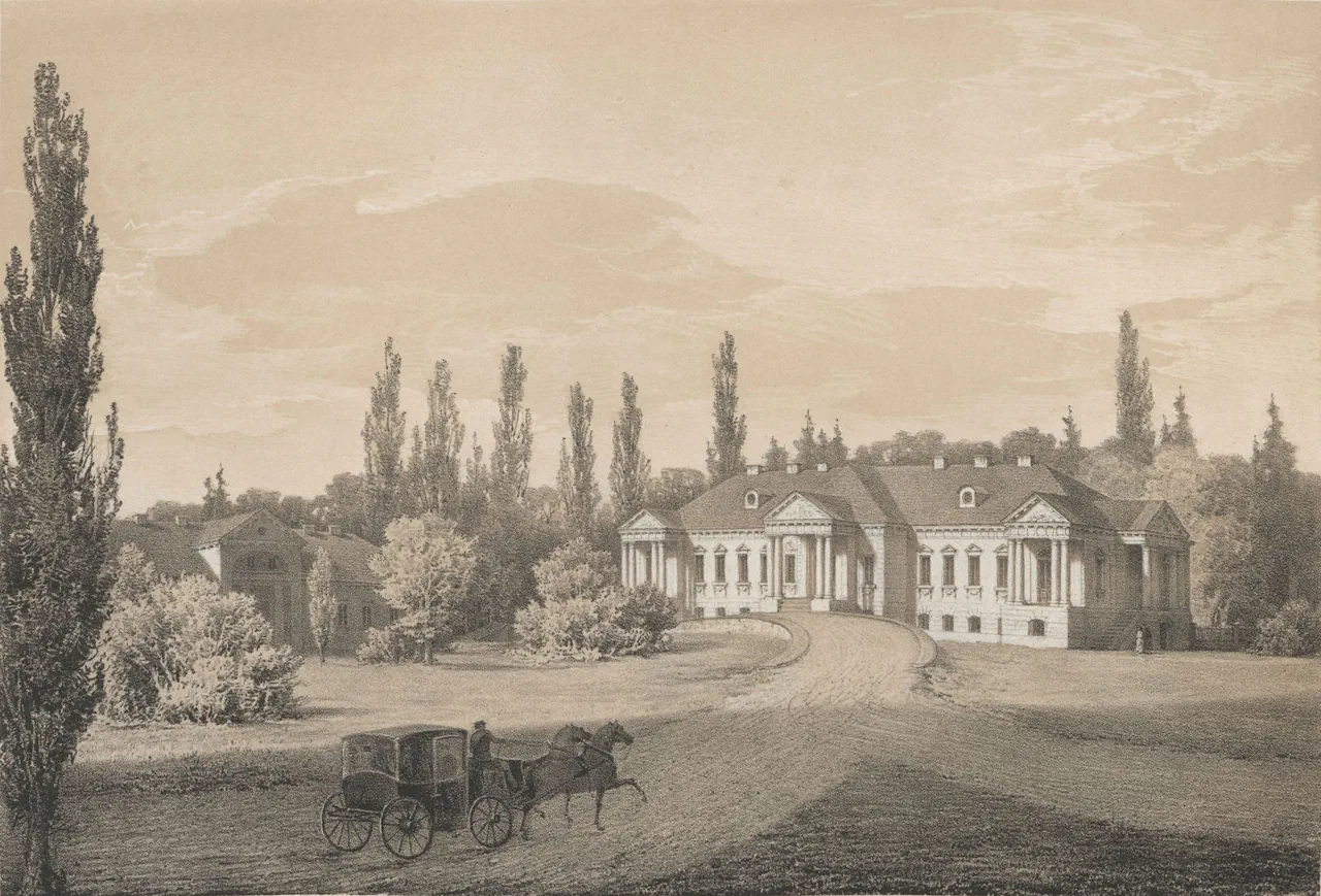 Усадьба Скирмунтов в Молодово на рисунке Наполеона Орды. Источник: Wikimedia Commons
